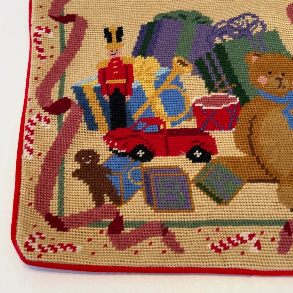 Vintage 1994 Nantucket Red Christmas Needlepoint Pillow Cover 14x14 Bear Toys
